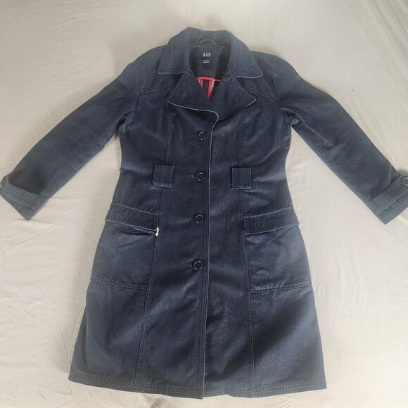 GAP Jackets & Blazers - GAP Womens Navy Blue Trench Coat Jacket Size L Cotton Blend Button Front